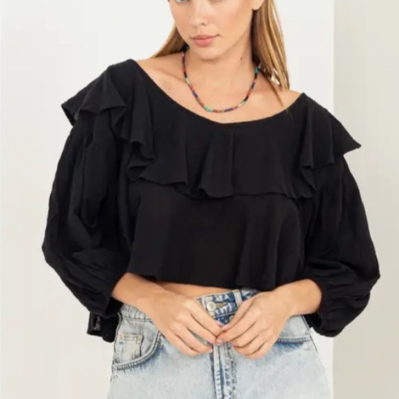 Sweetie Ruffled Three Quarter Sleeve Crop Top - Picture 1 of 5